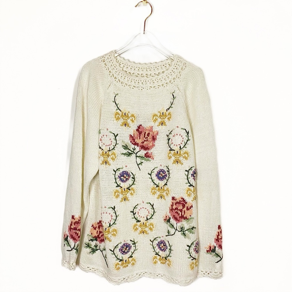 Vtg Knitted by Hand Jennifer Reed Floral Knit Sweater Ivory Grannycore size L